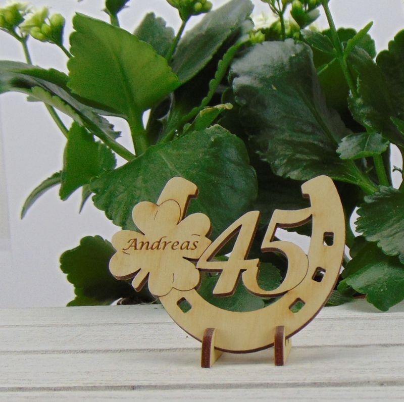  - Hufeisen mit Kleeblatt aus Holz ★ Zum 45. Geburtstag oder Jahrestag