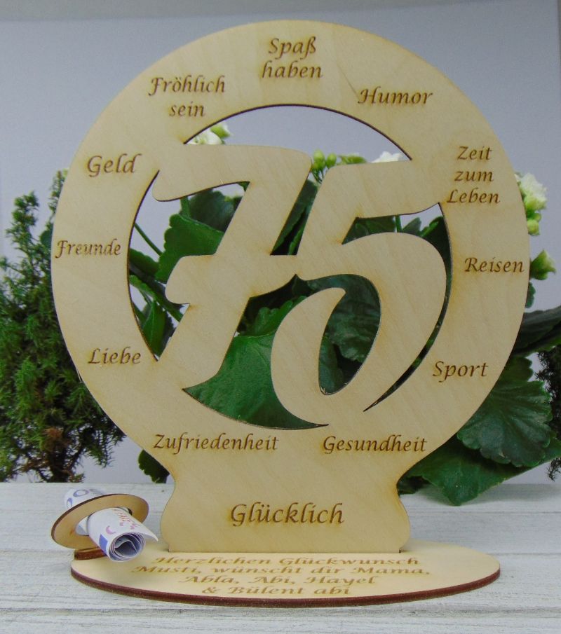  - Tischschmuck Zum 75. Geburtstag Geldgeschenk Personalisiertes aus Birkenholz Tischdekoration  Plauener 18cm 