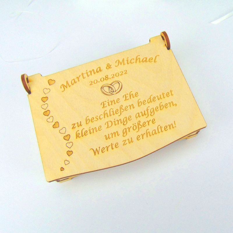  - Schatulle Ringkiste für Eheringe zur Hochzeit Glückwünsche Personalisiert Holz B3-GST07