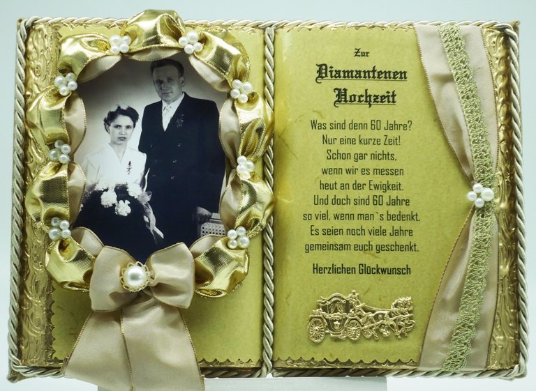 - Deko-Buch Diamantene Hochzeit für Foto mit Holz-Buchständer
