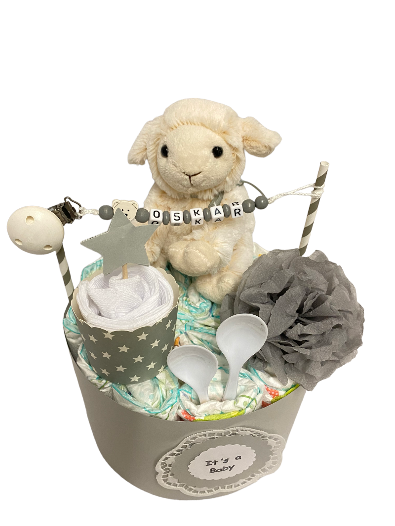  - Windeltorte Minitorte Geburt geschenk taufe babyparty babyshower schnullerketten baby boy Schaf Hund Teddy katze Kuchen rosa personalisiert name  (Kopie id: 100315996)