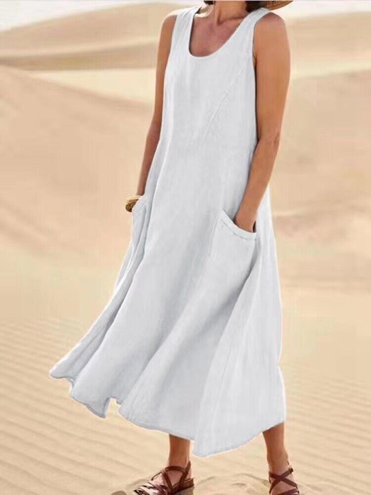  - Damen-Sommer-Leinenkleid mit 2 Taschen, neu, 36-38, weiß