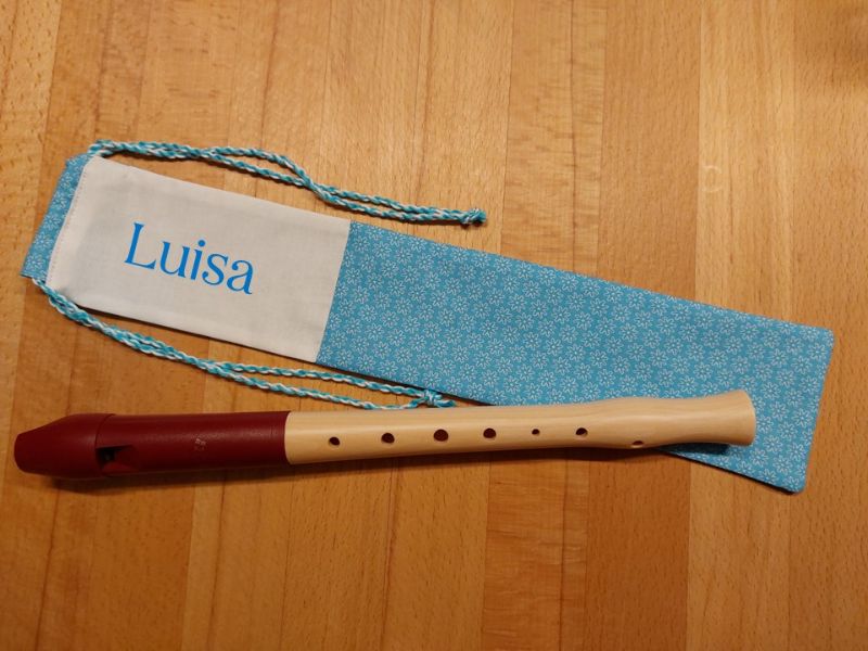  - Flötentasche mit Namen, Flötenbeutel - Blau Herzerl (mit optionalen Zubehörfach / Fütterung)