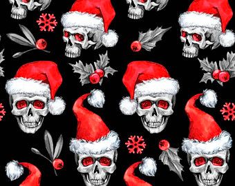  - Weihnachtsstoffe Baumwolldruck Totenkopf mit Nikolausmütze Skulls Weihnachtstotenköpfe Totenköpfe rot weiß schwarz Meterware kaufen