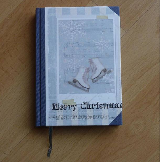  - Handgebundenes Notizbuch - Weihnachtsmotiv - Schlittschuhe