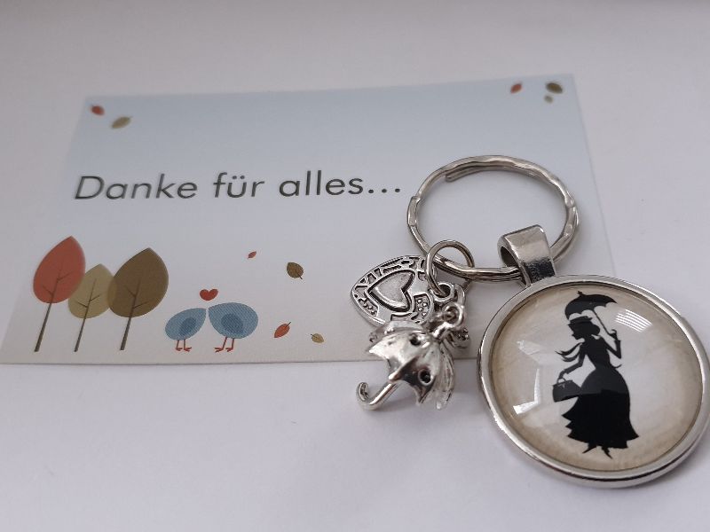  - Geschenk Erzieherin Kindermädchen Schlüsselanhänger Glascabochon handgefertigt Regenschirm Herz Märchenfigur Geschenk für Tagesmutter Frauen zum Dankesagen