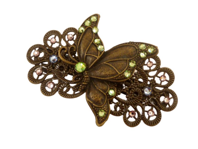  - Nostalgische Haarspange mit Schmetterling bronzefarben bunter Strass Glitzer Haarschmuck Geschenk Frau