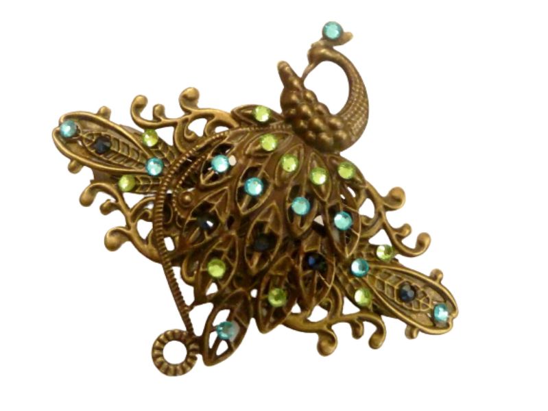  - Exklusive Haarspange mit Pfau Motiv bronzefarben bunte Kristalle Jugendstil Design Haarschmuck Geschenkidee Frau