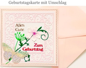 Geburtstagskarte, Glückwunschkarte, Alles Gute ... in deutscher Sprache, Karte mit Umschlag Handarbeit Rosa