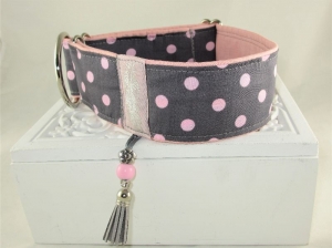 Hundehalsband Pünktchen rosa/grau Halsband Hund Nylon Martingale mit Zugstopp verstellbar breit wahlweise mit Klickverschluss Kunststoff oder Metall  