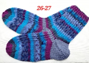 1 Paar handgestrickte Socken, Grösse 26-27, grau-petrol-bunt gestreift, Sockenwolle